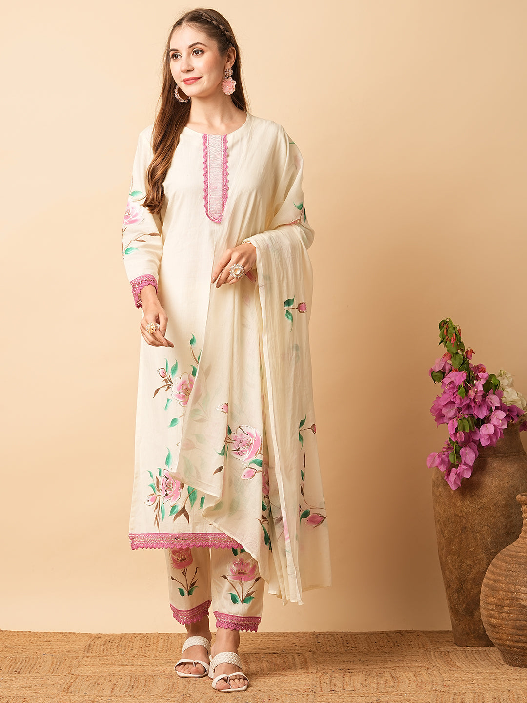 Floral Foil Hand Painted Straight Kurta with Pant & Pure Cotton Dupatta - Off White