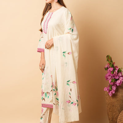 Floral Foil Hand Painted Straight Kurta with Pant & Pure Cotton Dupatta - Off White