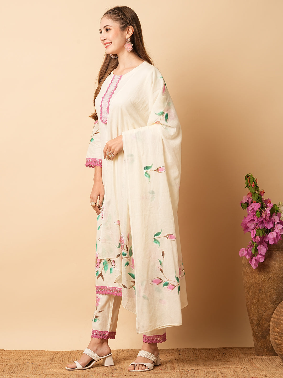 Floral Foil Hand Painted Straight Kurta with Pant & Pure Cotton Dupatta - Off White