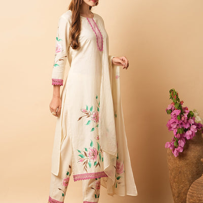 Floral Foil Hand Painted Straight Kurta with Pant & Pure Cotton Dupatta - Off White