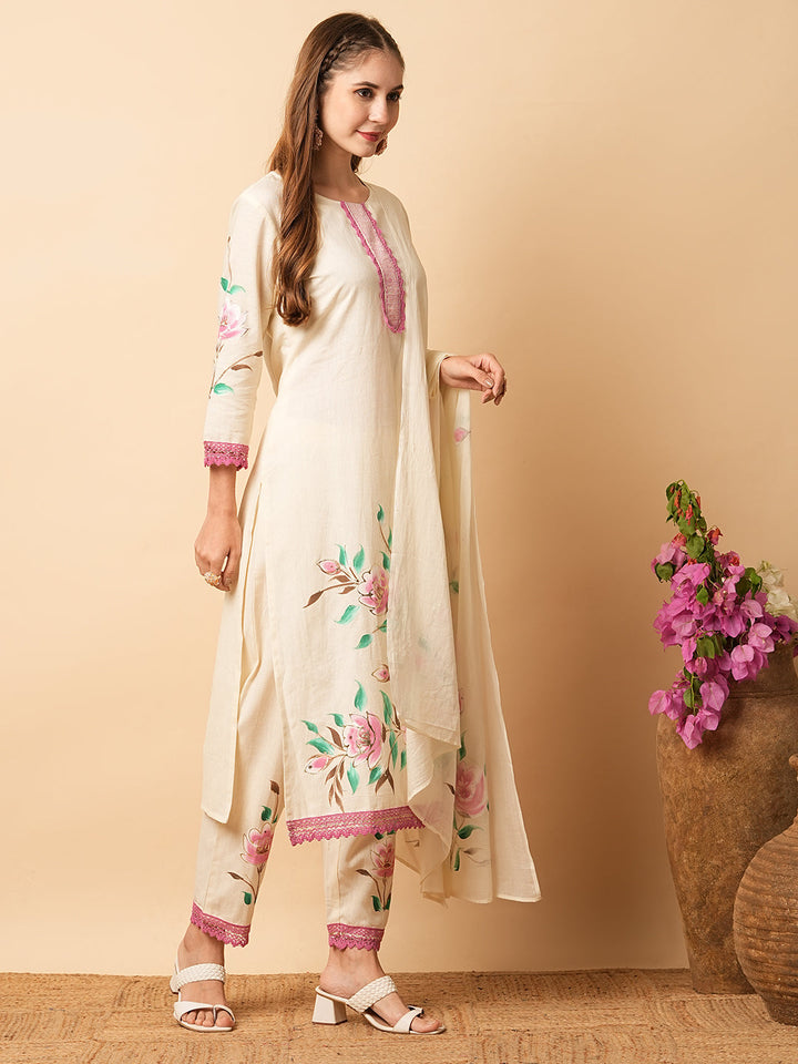 Floral Foil Hand Painted Straight Kurta with Pant & Pure Cotton Dupatta - Off White