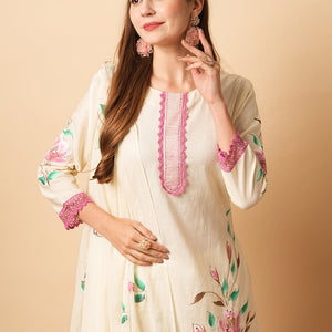 Floral Foil Hand Painted Straight Kurta with Pant & Pure Cotton Dupatta - Off White