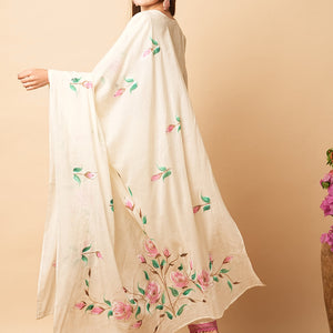 Floral Foil Hand Painted Straight Kurta with Pant & Pure Cotton Dupatta - Off White