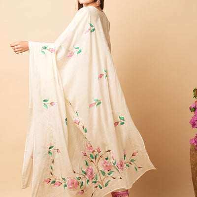 Floral Foil Hand Painted Straight Kurta with Pant & Pure Cotton Dupatta - Off White