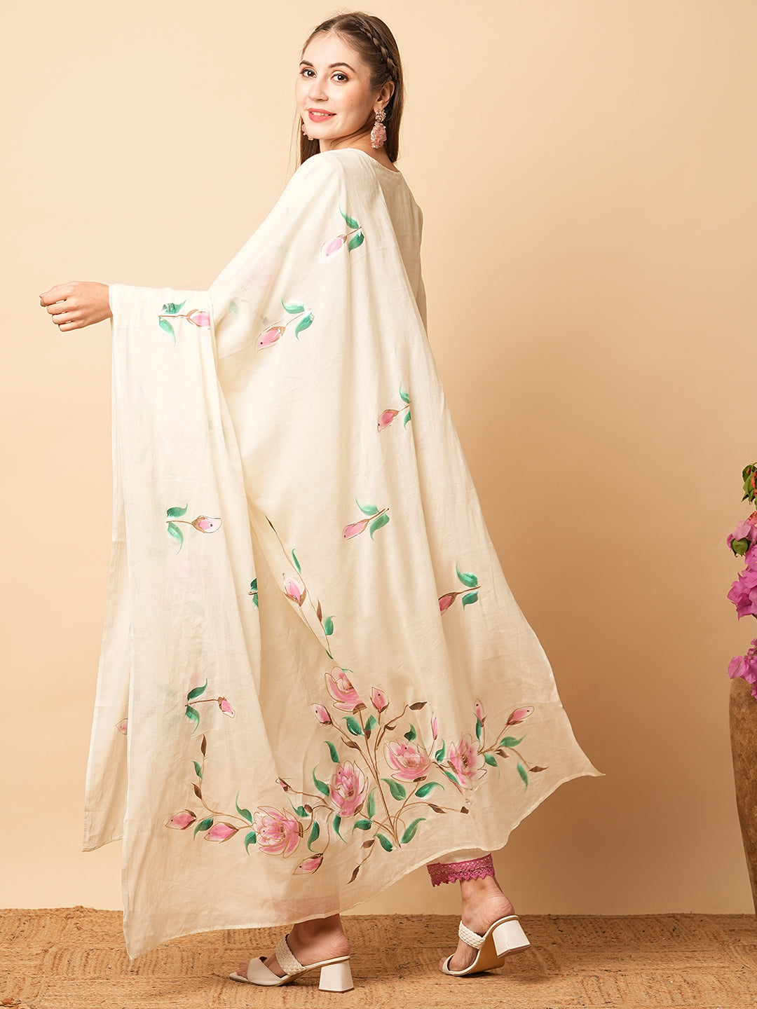 Floral Foil Hand Painted Straight Kurta with Pant & Pure Cotton Dupatta - Off White