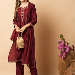 Ethnic Sequin Embroidered Straight Fit Kurta with Pant & Dupatta - Maroon