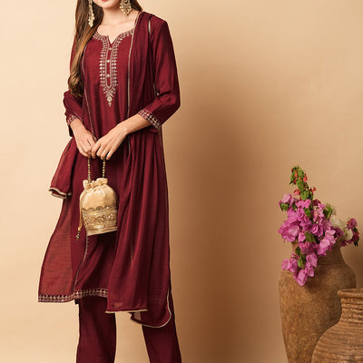 Ethnic Sequin Embroidered Straight Fit Kurta with Pant & Dupatta - Maroon