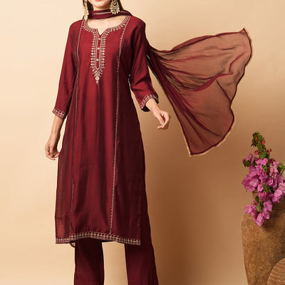 Ethnic Sequin Embroidered Straight Fit Kurta with Pant & Dupatta - Maroon