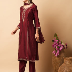 Ethnic Sequin Embroidered Straight Fit Kurta with Pant & Dupatta - Maroon