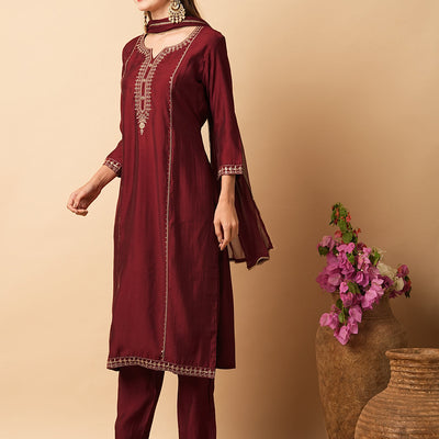 Ethnic Sequin Embroidered Straight Fit Kurta with Pant & Dupatta - Maroon