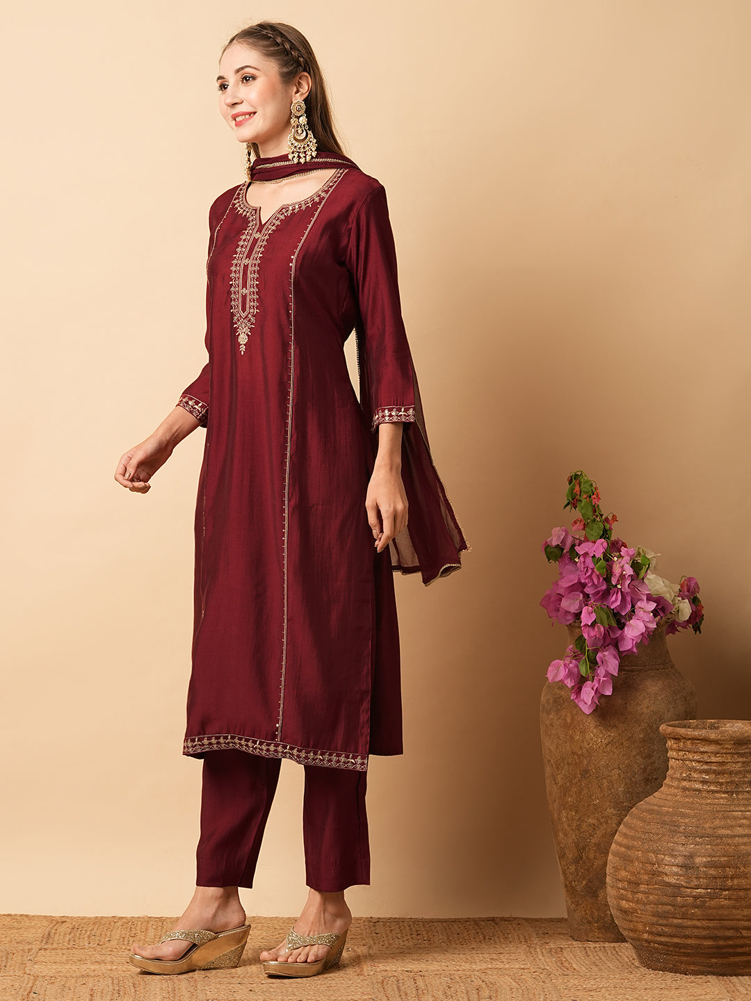 Ethnic Sequin Embroidered Straight Fit Kurta with Pant & Dupatta - Maroon