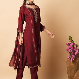 Ethnic Sequin Embroidered Straight Fit Kurta with Pant & Dupatta - Maroon