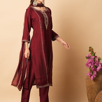 Ethnic Sequin Embroidered Straight Fit Kurta with Pant & Dupatta - Maroon