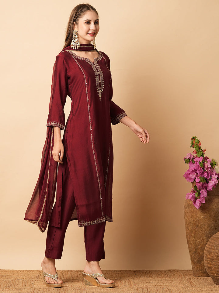 Ethnic Sequin Embroidered Straight Fit Kurta with Pant & Dupatta - Maroon