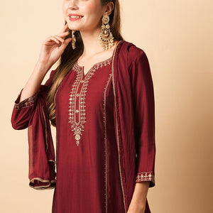 Ethnic Sequin Embroidered Straight Fit Kurta with Pant & Dupatta - Maroon