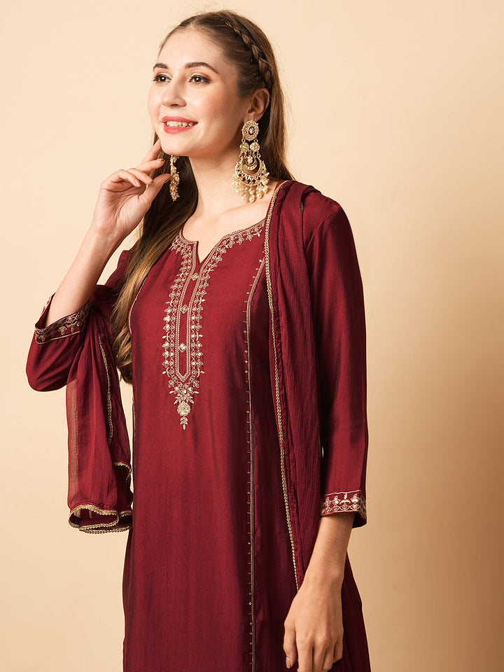 Ethnic Sequin Embroidered Straight Fit Kurta with Pant & Dupatta - Maroon