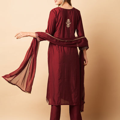 Ethnic Sequin Embroidered Straight Fit Kurta with Pant & Dupatta - Maroon