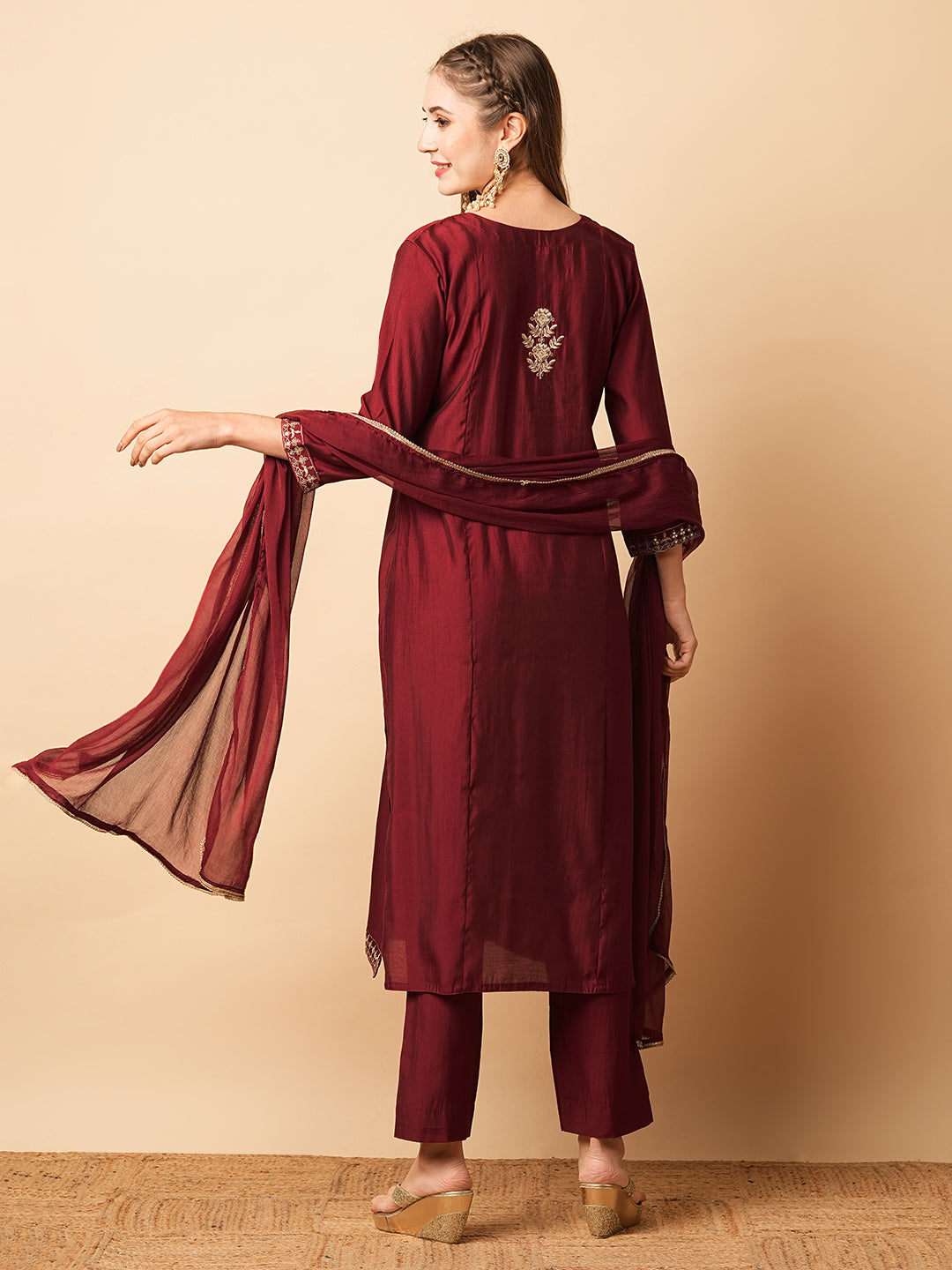 Ethnic Sequin Embroidered Straight Fit Kurta with Pant & Dupatta - Maroon