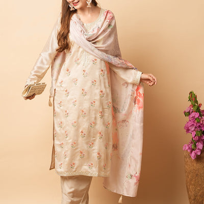 Solid Resham & Sequins Embroidered Kurta with Pants & Floral Dupatta - Beige