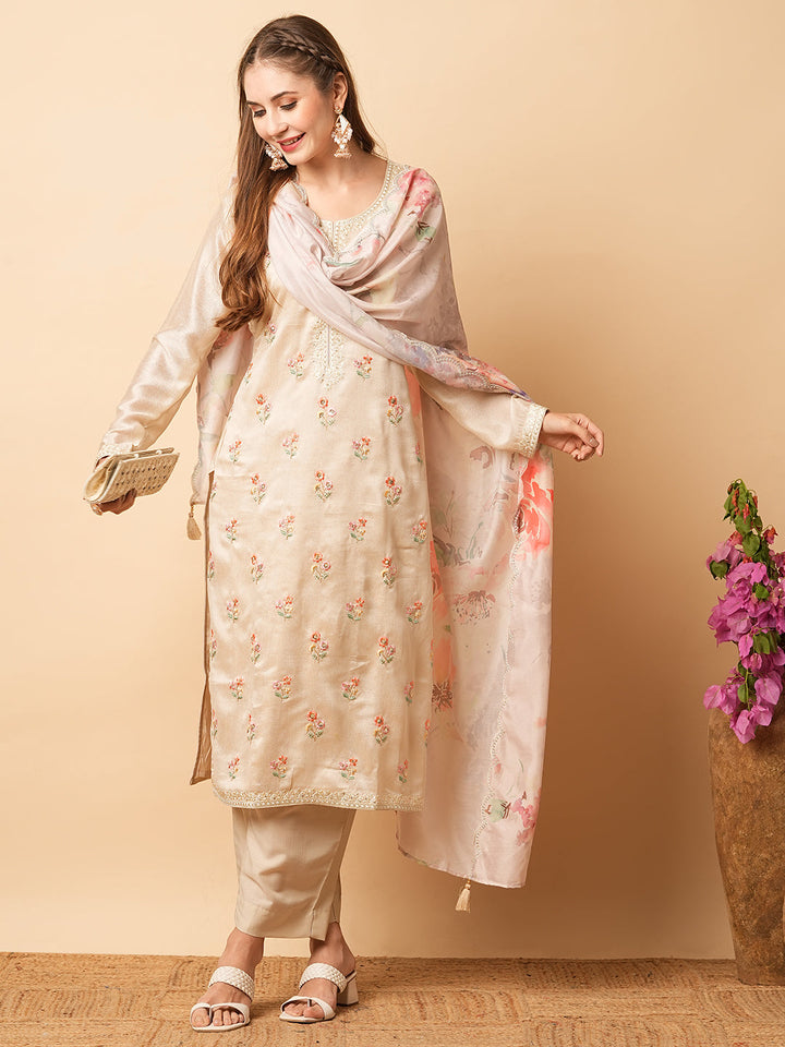 Solid Resham & Sequins Embroidered Kurta with Pants & Floral Dupatta - Beige