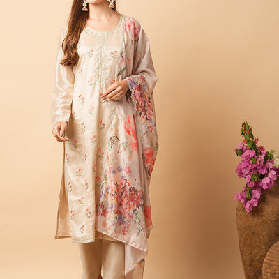 Solid Resham & Sequins Embroidered Kurta with Pants & Floral Dupatta - Beige