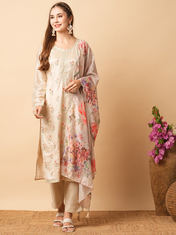 Solid Resham & Sequins Embroidered Kurta with Pants & Floral Dupatta - Beige