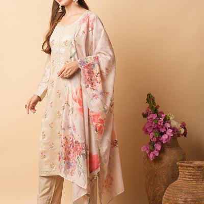 Solid Resham & Sequins Embroidered Kurta with Pants & Floral Dupatta - Beige