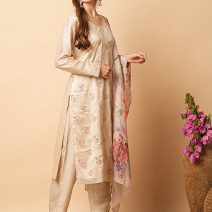 Solid Resham & Sequins Embroidered Kurta with Pants & Floral Dupatta - Beige