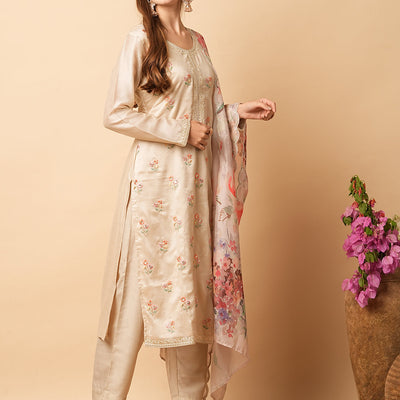 Solid Resham & Sequins Embroidered Kurta with Pants & Floral Dupatta - Beige