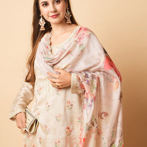 Solid Resham & Sequins Embroidered Kurta with Pants & Floral Dupatta - Beige