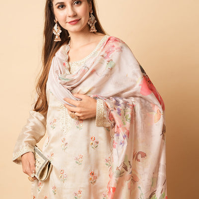 Solid Resham & Sequins Embroidered Kurta with Pants & Floral Dupatta - Beige