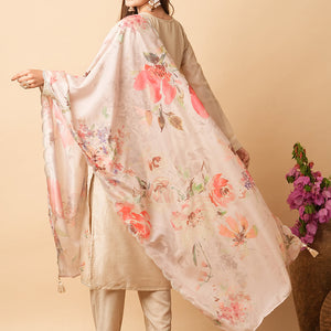 Solid Resham & Sequins Embroidered Kurta with Pants & Floral Dupatta - Beige