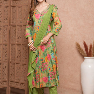 Floral Printed Mirror Embroidered Anarkali Kurta with Pants & Dupatta - Lime Green