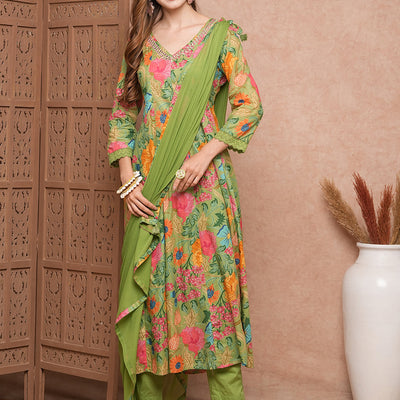 Floral Printed Mirror Embroidered Anarkali Kurta with Pants & Dupatta - Lime Green
