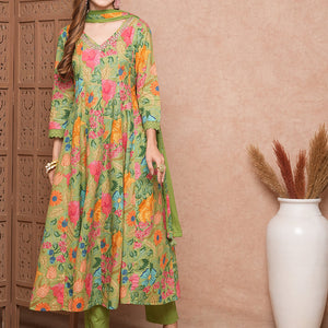 Floral Printed Mirror Embroidered Anarkali Kurta with Pants & Dupatta - Lime Green