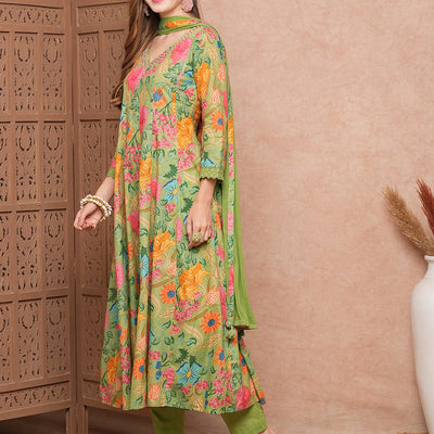 Floral Printed Mirror Embroidered Anarkali Kurta with Pants & Dupatta - Lime Green