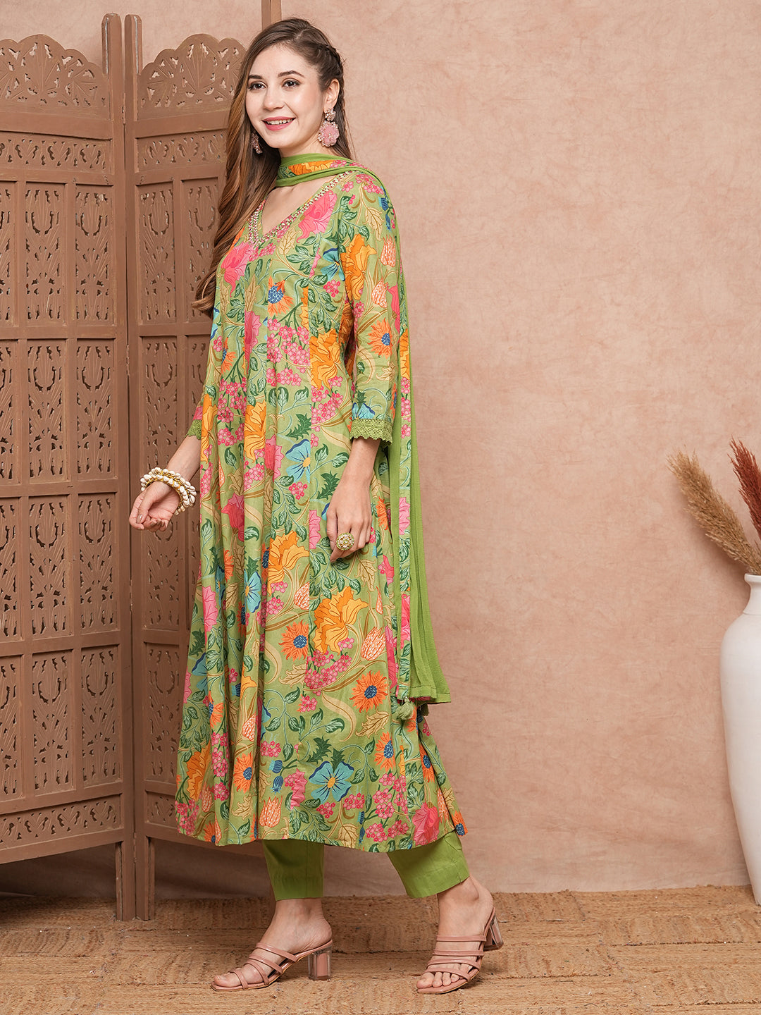 Floral Printed Mirror Embroidered Anarkali Kurta with Pants & Dupatta - Lime Green