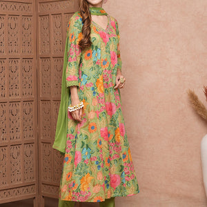 Floral Printed Mirror Embroidered Anarkali Kurta with Pants & Dupatta - Lime Green
