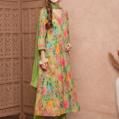 Floral Printed Mirror Embroidered Anarkali Kurta with Pants & Dupatta - Lime Green