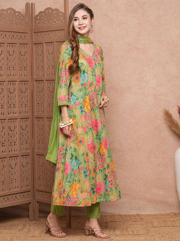 Floral Printed Mirror Embroidered Anarkali Kurta with Pants & Dupatta - Lime Green