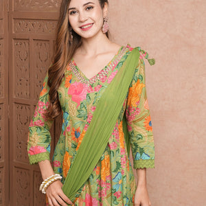 Floral Printed Mirror Embroidered Anarkali Kurta with Pants & Dupatta - Lime Green