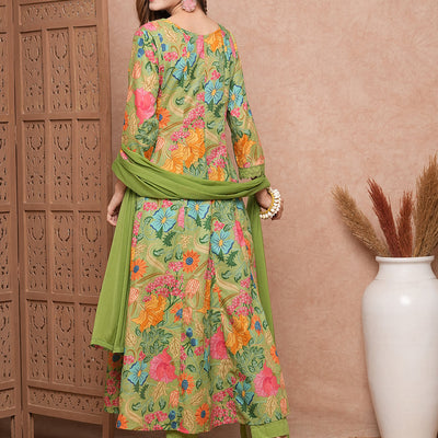Floral Printed Mirror Embroidered Anarkali Kurta with Pants & Dupatta - Lime Green