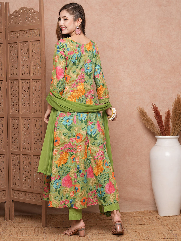 Floral Printed Mirror Embroidered Anarkali Kurta with Pants & Dupatta - Lime Green