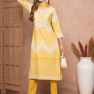 Chevron Printed Mother-of-Pearl Embellished Schiffili Kurta with Pants & Dupatta - Yellow