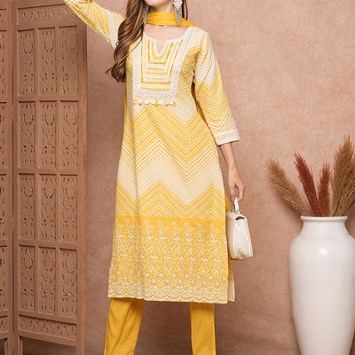 Chevron Printed Mother-of-Pearl Embellished Schiffili Kurta with Pants & Dupatta - Yellow