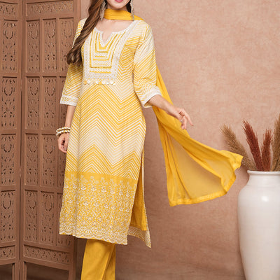 Chevron Printed Mother-of-Pearl Embellished Schiffili Kurta with Pants & Dupatta - Yellow
