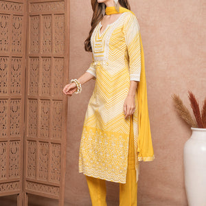 Chevron Printed Mother-of-Pearl Embellished Schiffili Kurta with Pants & Dupatta - Yellow