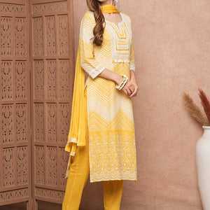 Chevron Printed Mother-of-Pearl Embellished Schiffili Kurta with Pants & Dupatta - Yellow