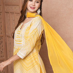 Chevron Printed Mother-of-Pearl Embellished Schiffili Kurta with Pants & Dupatta - Yellow