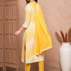 Chevron Printed Mother-of-Pearl Embellished Schiffili Kurta with Pants & Dupatta - Yellow